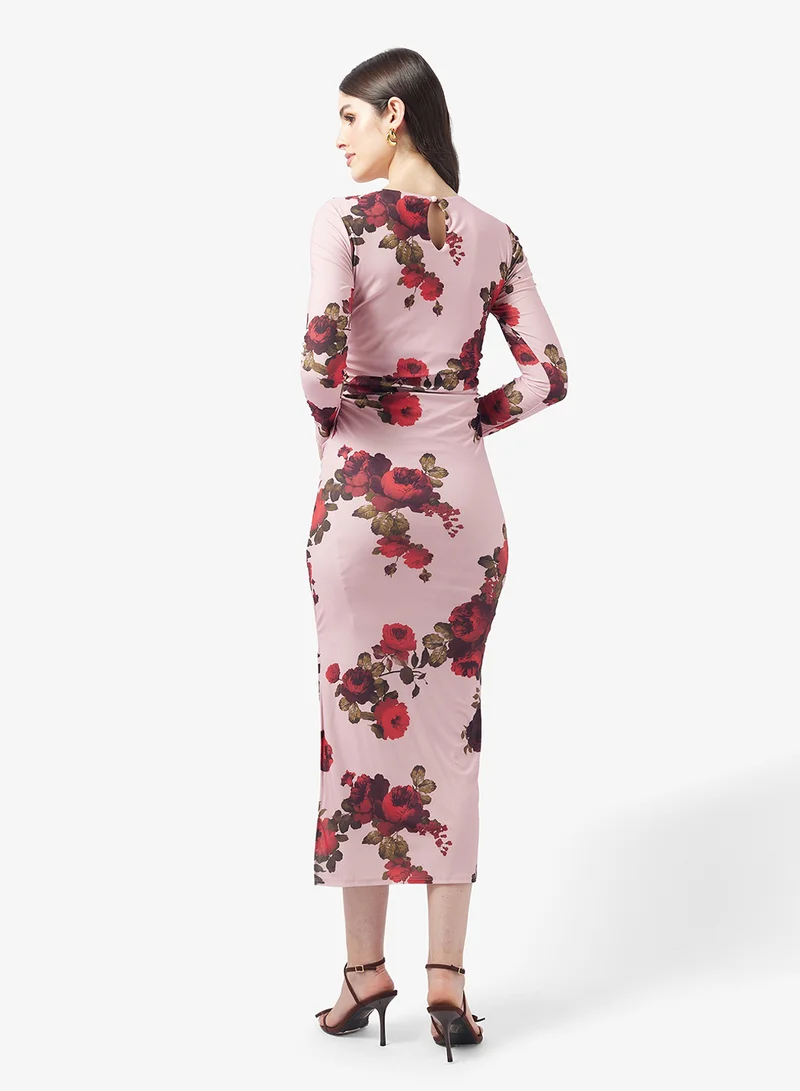 Little Mistress Ruched Detail Printed Midi Dress